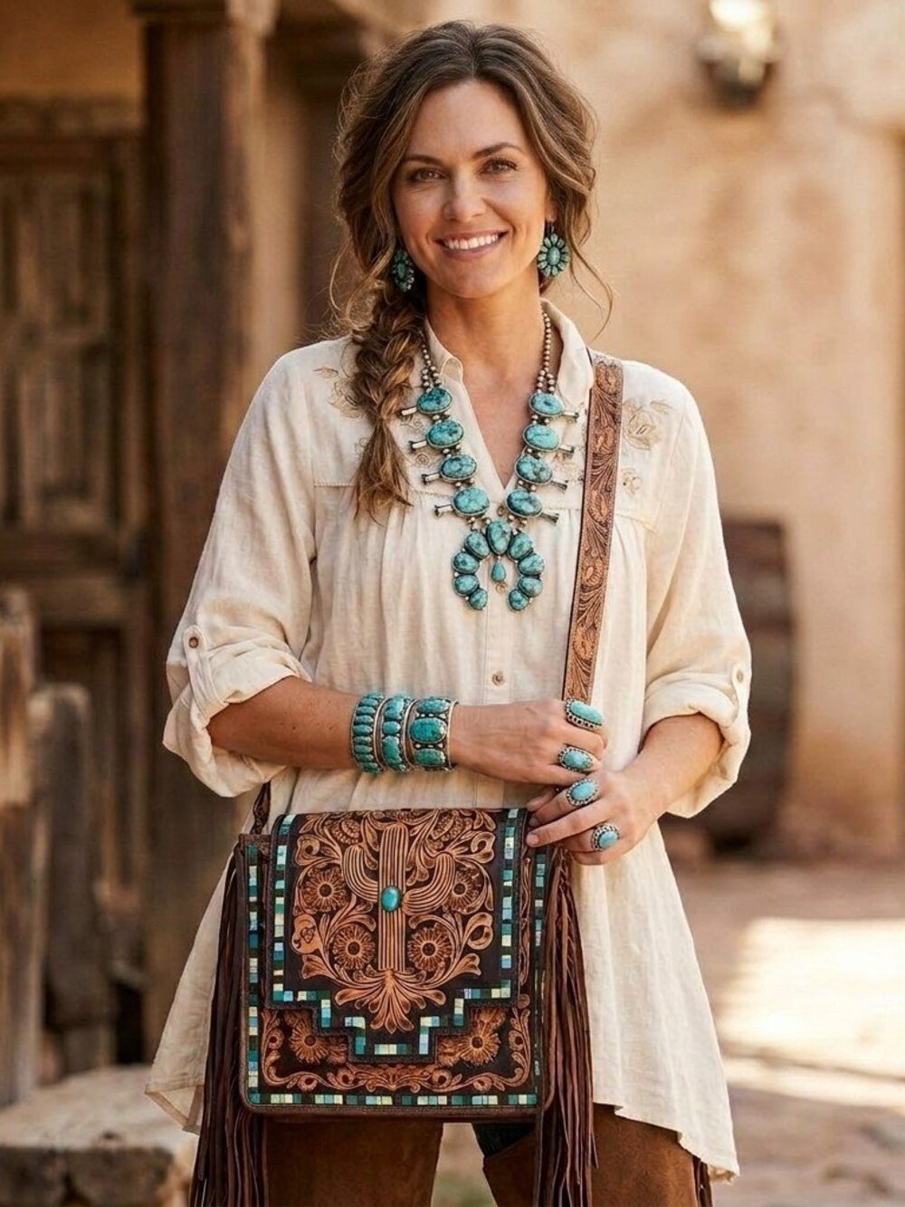 Turquoise Bloom Fringe Crossbody